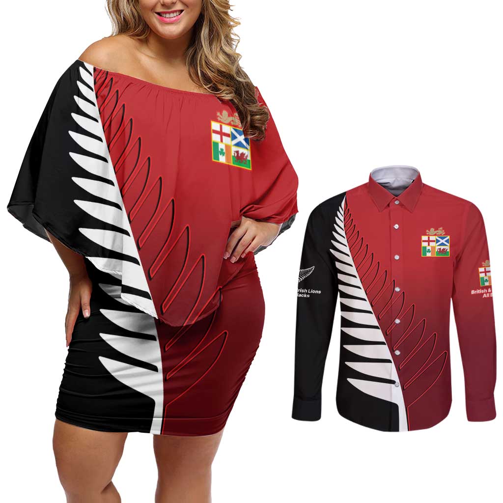 Custom British Lions New Zealand Couples Matching Off Shoulder Short Dress and Long Sleeve Button Shirt Half Black Fern