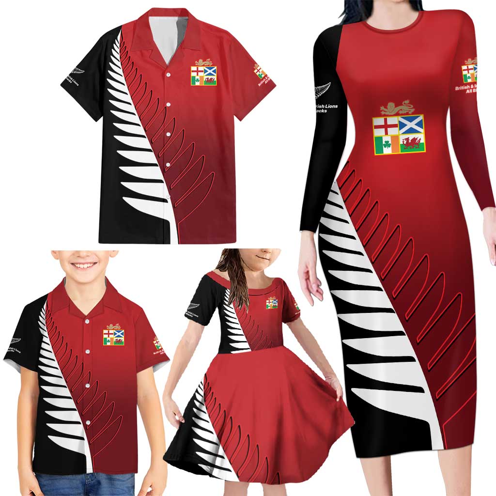 Custom British Lions New Zealand Family Matching Long Sleeve Bodycon Dress and Hawaiian Shirt Half Black Fern LT9 - Polynesian Pride