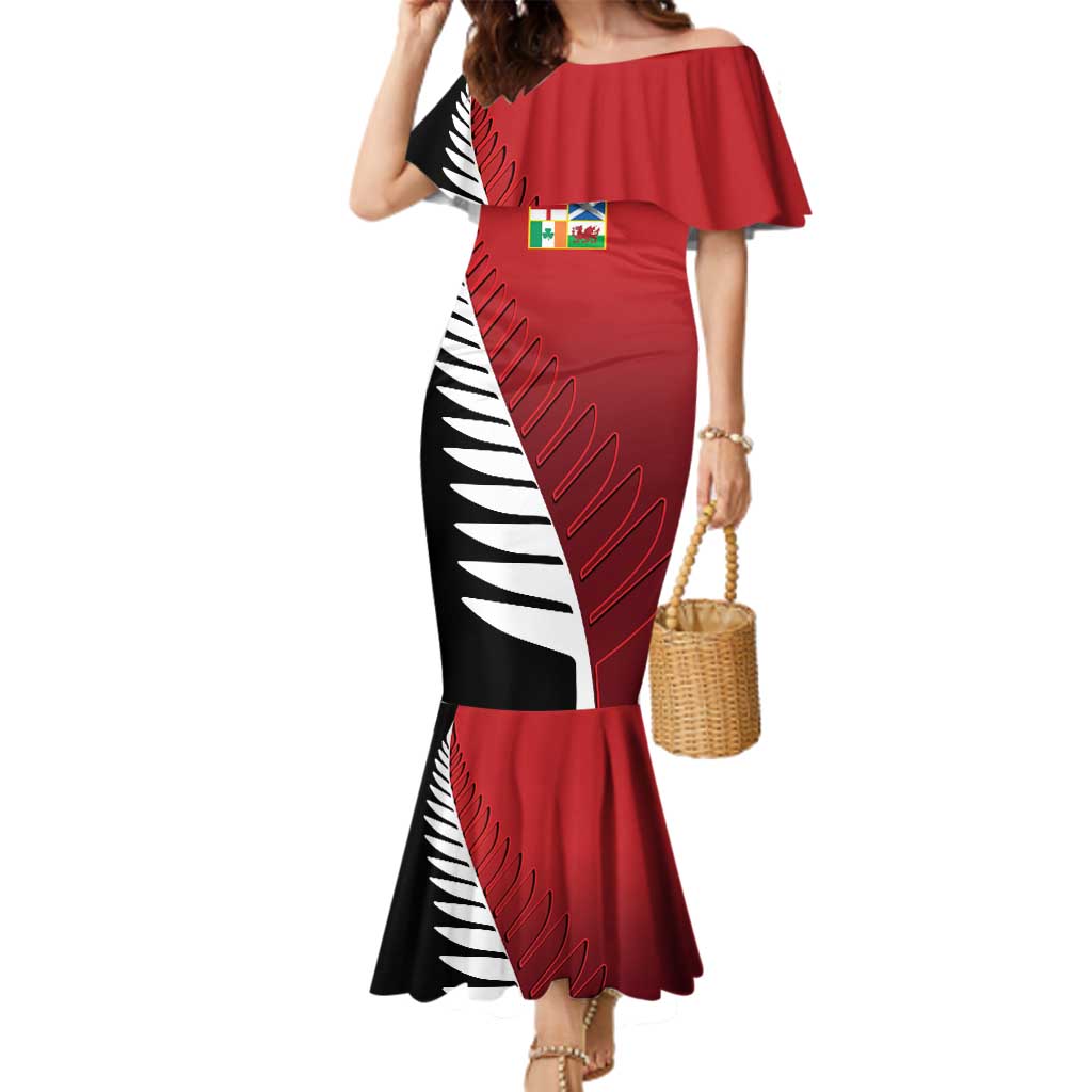 Custom British Lions New Zealand Family Matching Mermaid Dress and Hawaiian Shirt Half Black Fern LT9 Mom's Dress Red - Polynesian Pride
