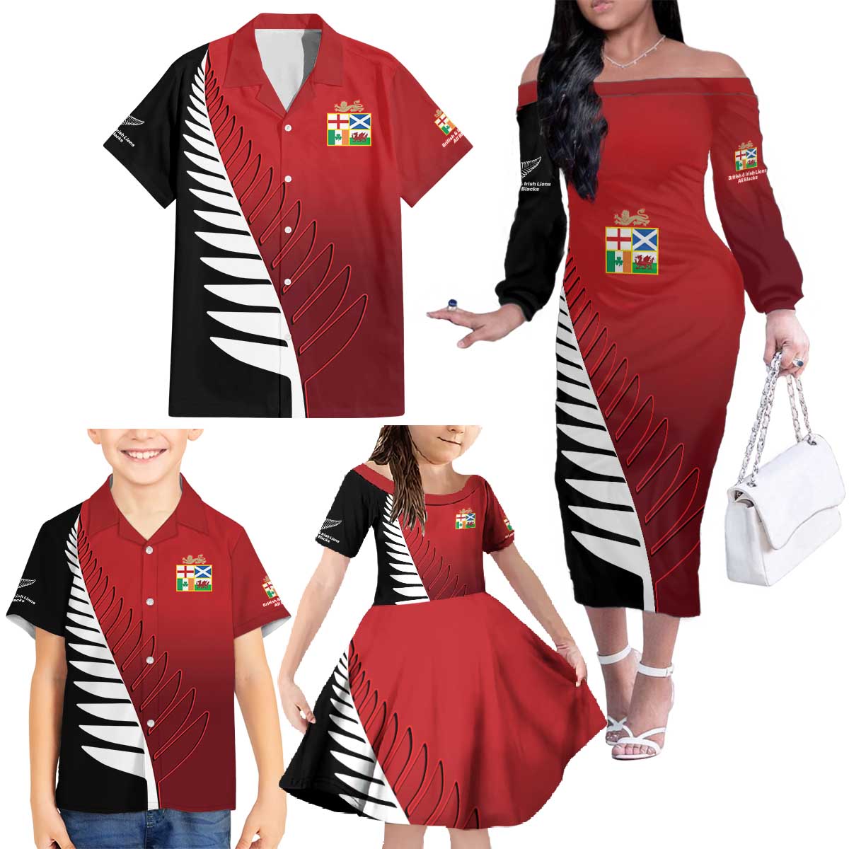 Custom British Lions New Zealand Family Matching Off The Shoulder Long Sleeve Dress and Hawaiian Shirt Half Black Fern
