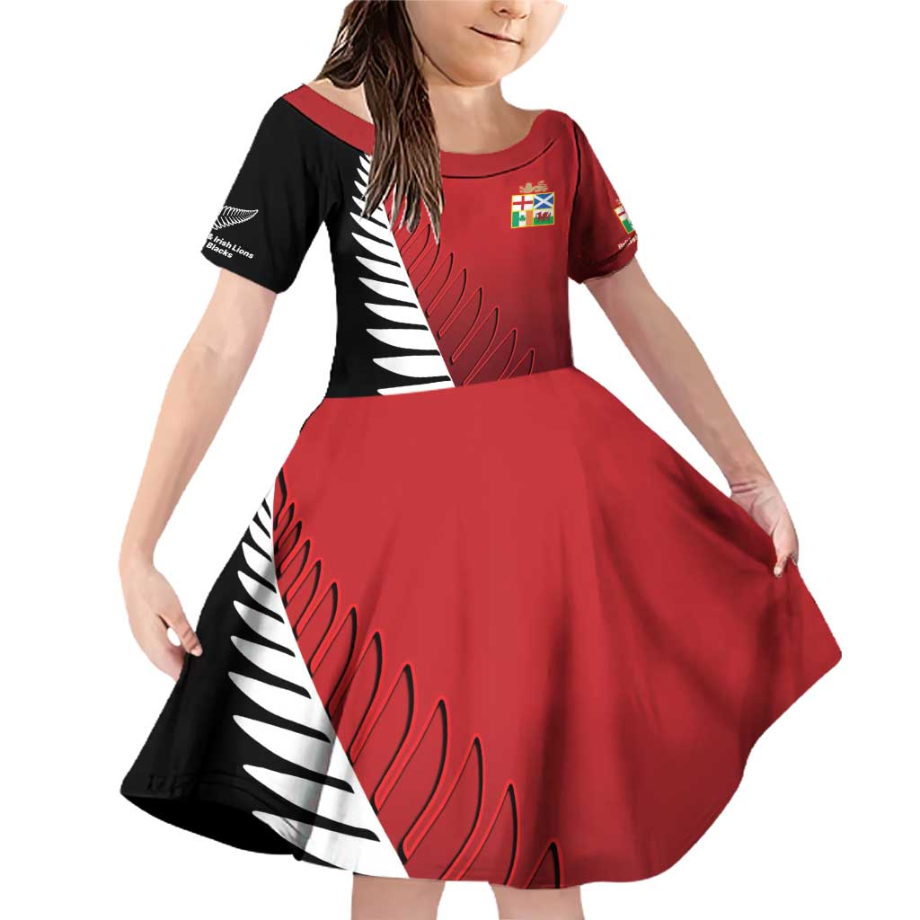Custom British Lions New Zealand Family Matching Off Shoulder Short Dress and Hawaiian Shirt Half Black Fern LT9 Daughter's Dress Red - Polynesian Pride
