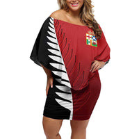 Custom British Lions New Zealand Family Matching Off Shoulder Short Dress and Hawaiian Shirt Half Black Fern LT9 Mom's Dress Red - Polynesian Pride