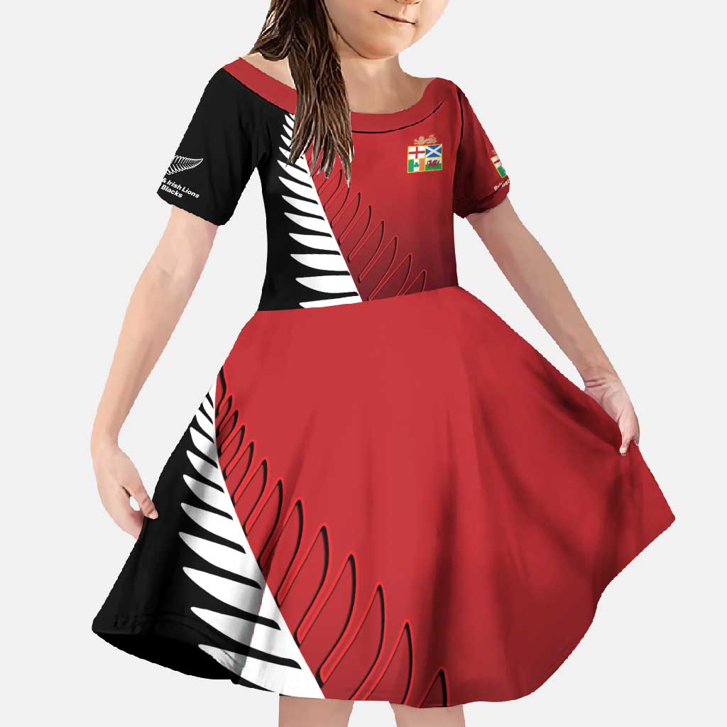 Custom British Lions New Zealand Family Matching Tank Maxi Dress and Hawaiian Shirt Half Black Fern LT9 Daughter's Dress Red - Polynesian Pride