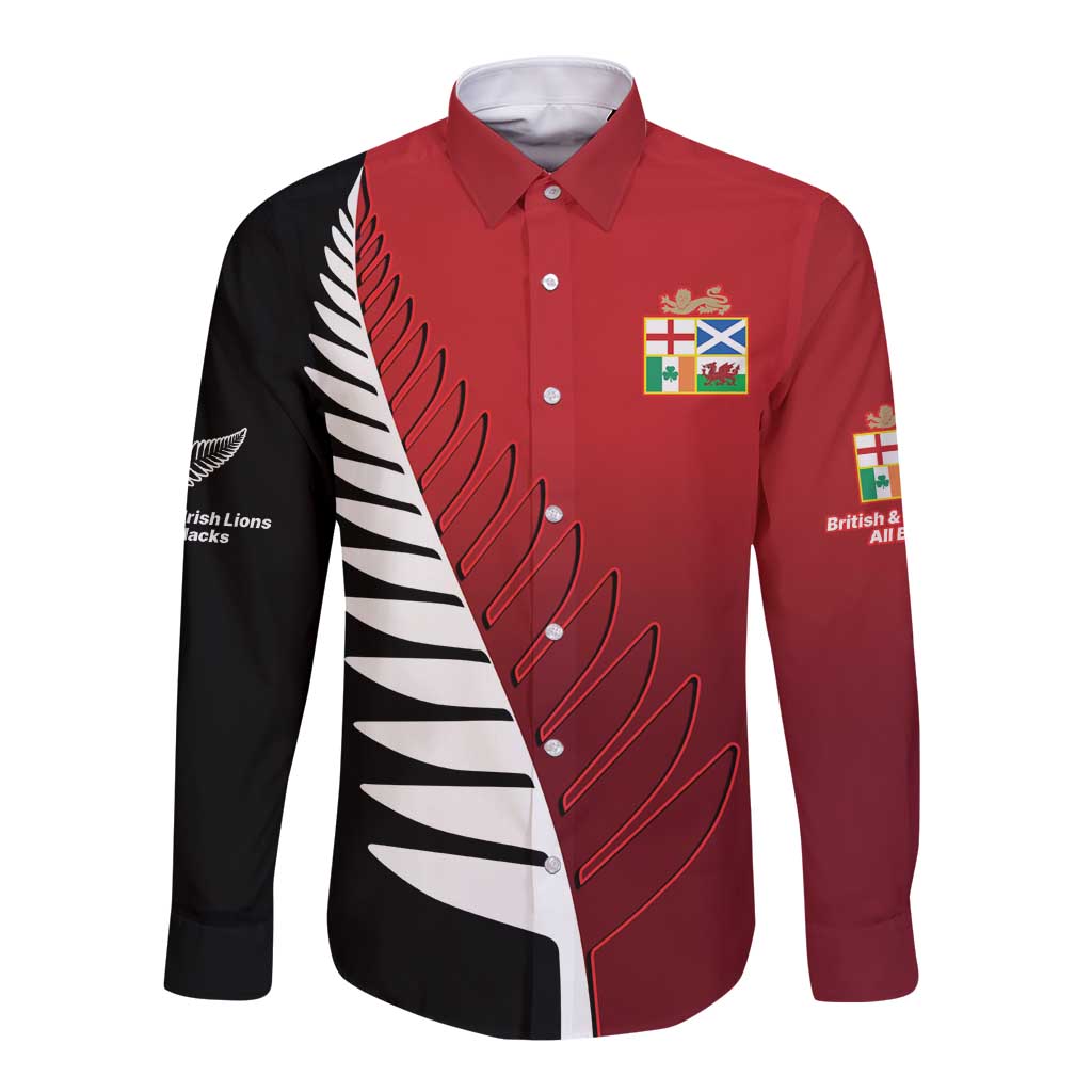 Custom British Lions New Zealand Long Sleeve Button Shirt Half Black Fern