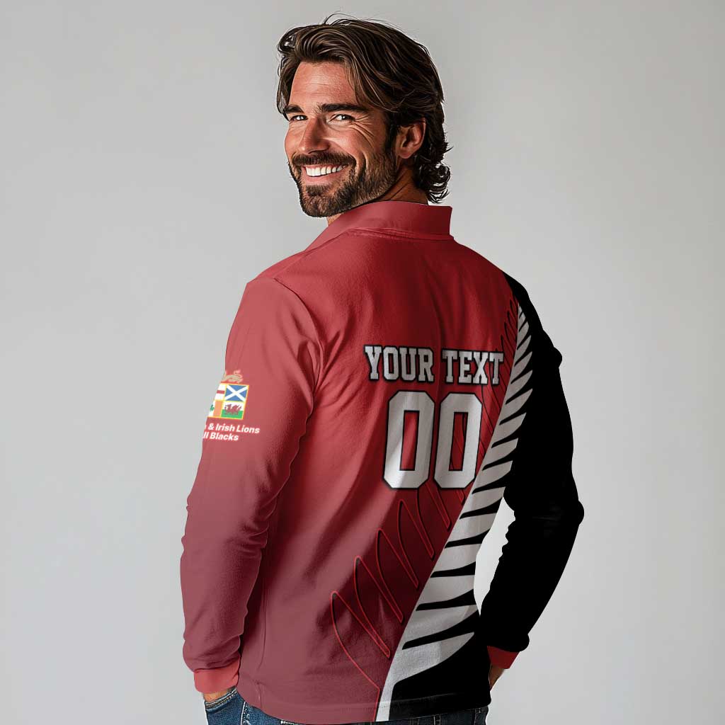 Custom British Lions New Zealand Long Sleeve Polo Shirt Half Black Fern
