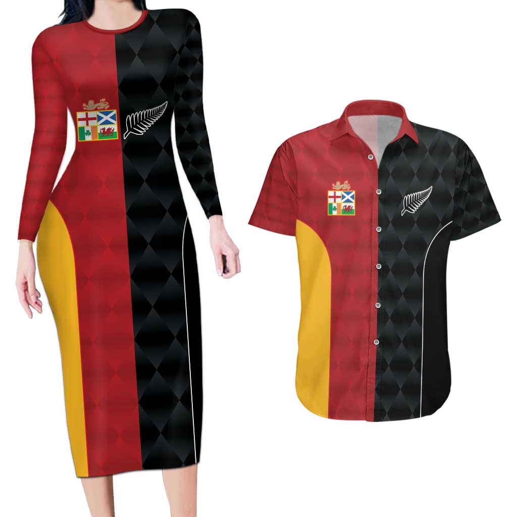 Custom British Lions New Zealand Couples Matching Long Sleeve Bodycon Dress and Hawaiian Shirt Sporty Style
