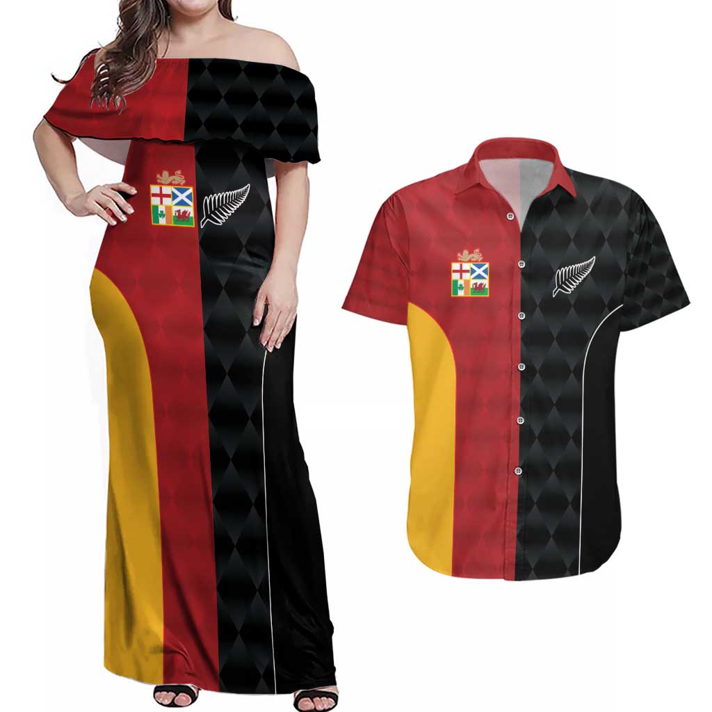 Custom British Lions New Zealand Couples Matching Off Shoulder Maxi Dress and Hawaiian Shirt Sporty Style LT9 Black - Polynesian Pride