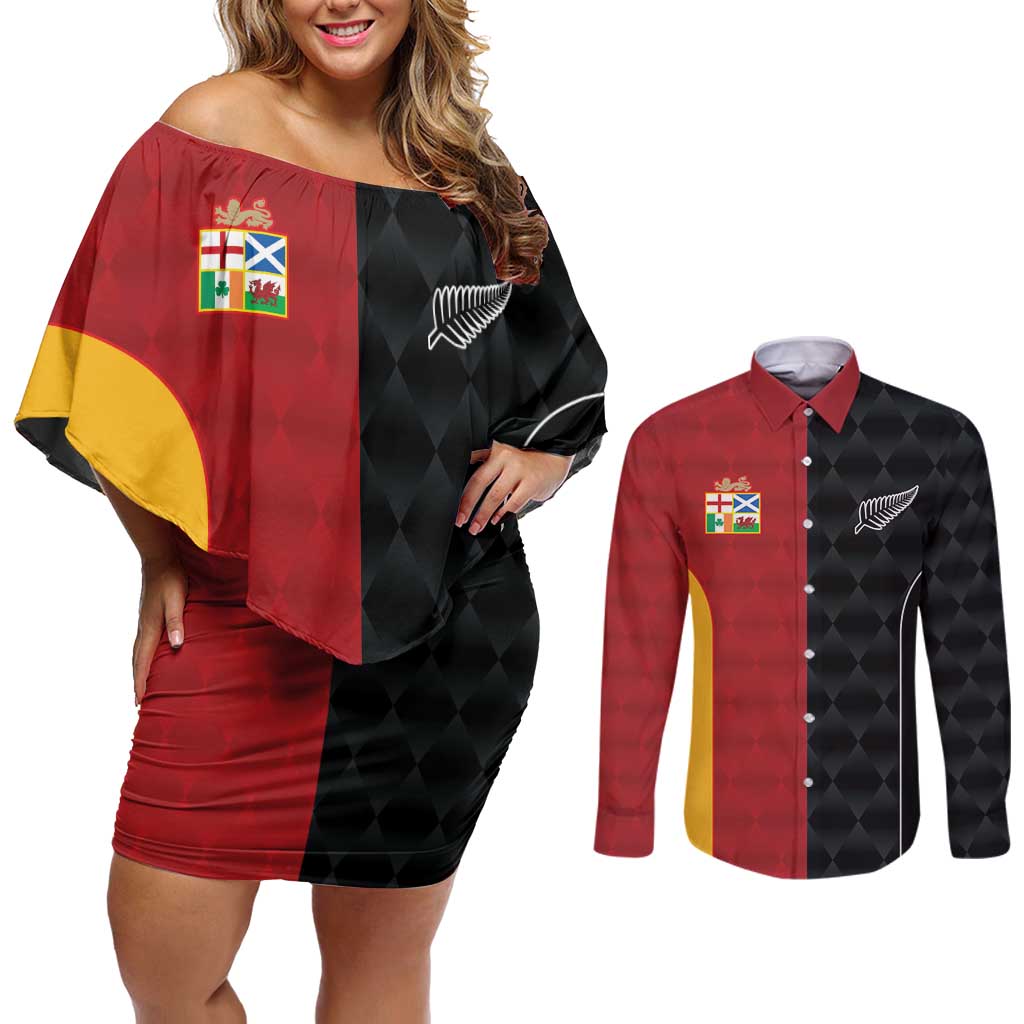 Custom British Lions New Zealand Couples Matching Off Shoulder Short Dress and Long Sleeve Button Shirt Sporty Style