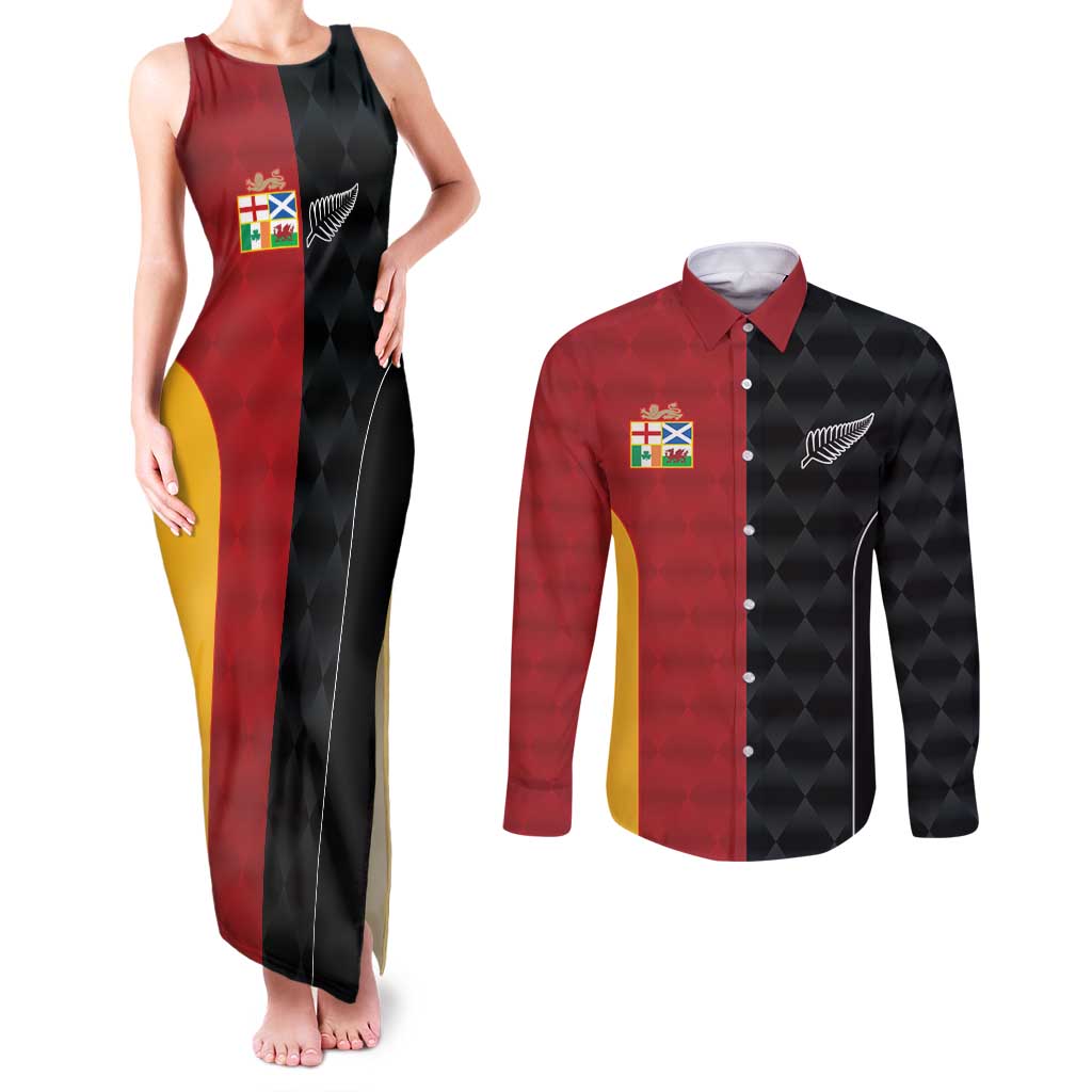 Custom British Lions New Zealand Couples Matching Tank Maxi Dress and Long Sleeve Button Shirt Sporty Style