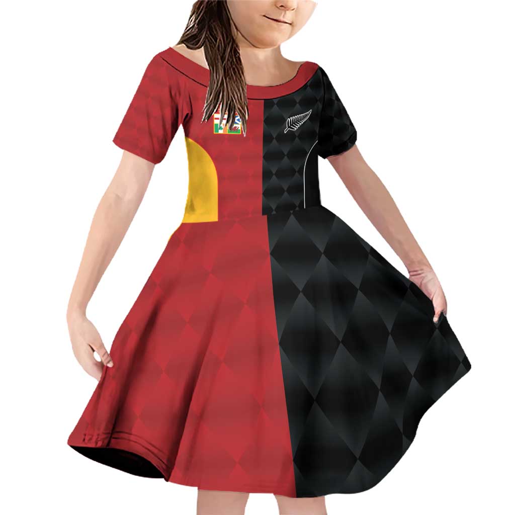 Custom British Lions New Zealand Family Matching Off Shoulder Short Dress and Hawaiian Shirt Sporty Style LT9 Daughter's Dress Black - Polynesian Pride