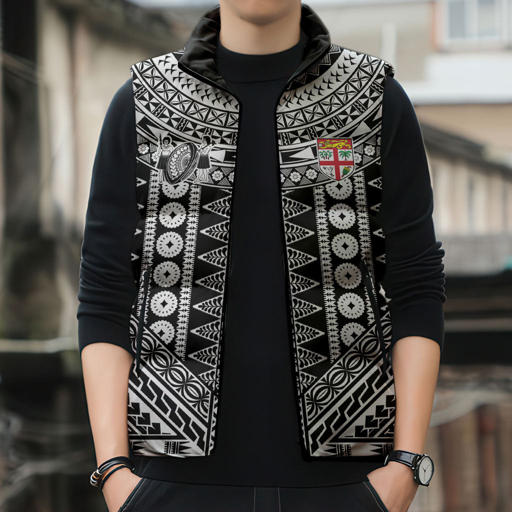 Fiji Custom Rugby National Heritage Sleeveless Puffer Jacket Black Traditional Masi Inspired