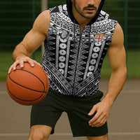 Fiji Custom Rugby National Heritage Sleeveless Zip Hoodie Black Traditional Masi Inspired