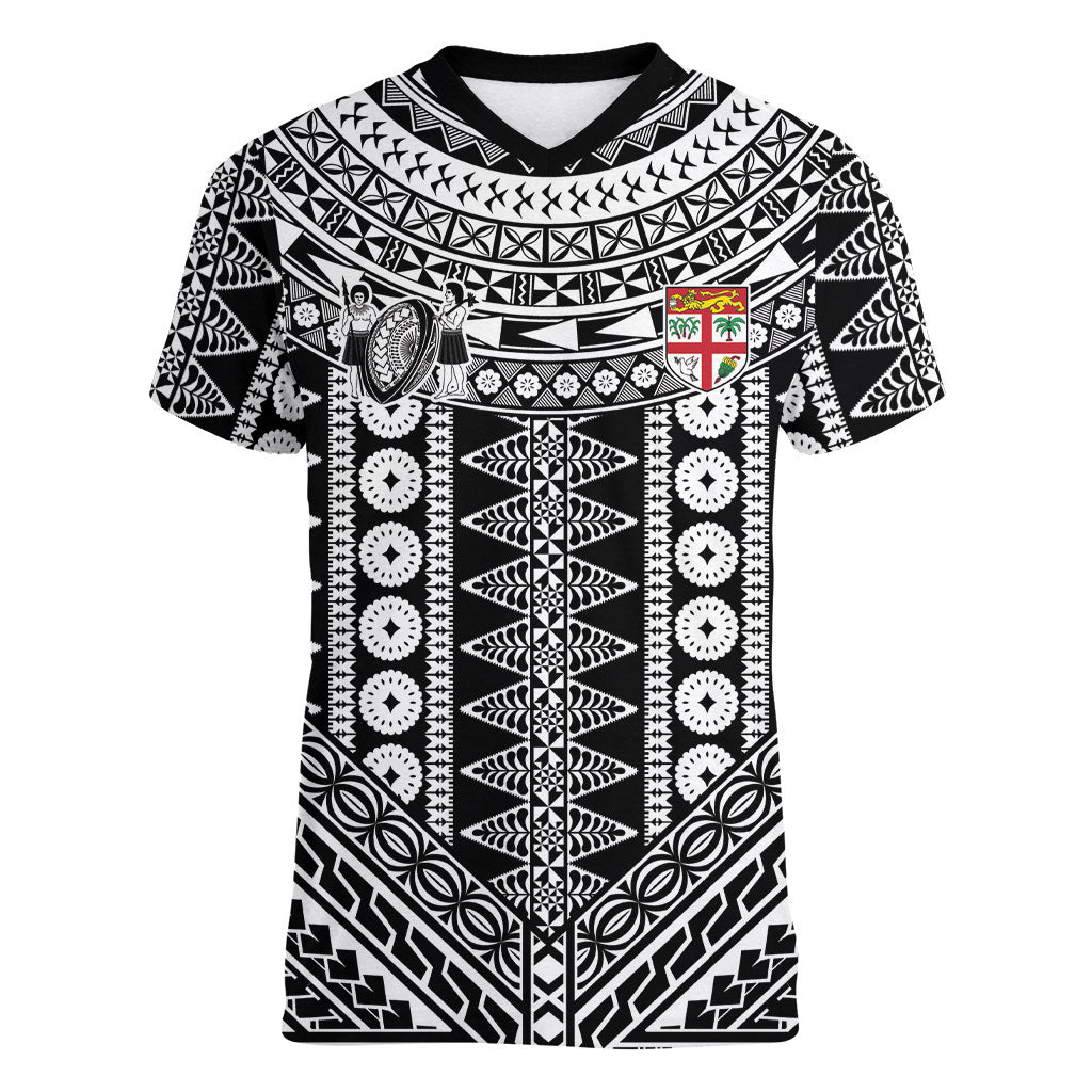 Fiji Custom Rugby National Heritage Women V-Neck T-Shirt Black Traditional Masi Inspired LT9 Female Black - Polynesian Pride