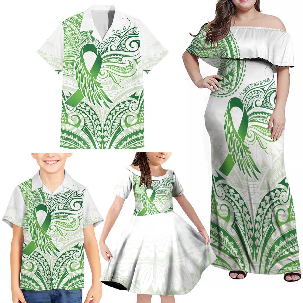 Its Okay Green Ribbon Personalised Family Matching Off Shoulder Maxi Dress and Hawaiian Shirt Polynesian Depression Awareness LT9 - Polynesian Pride