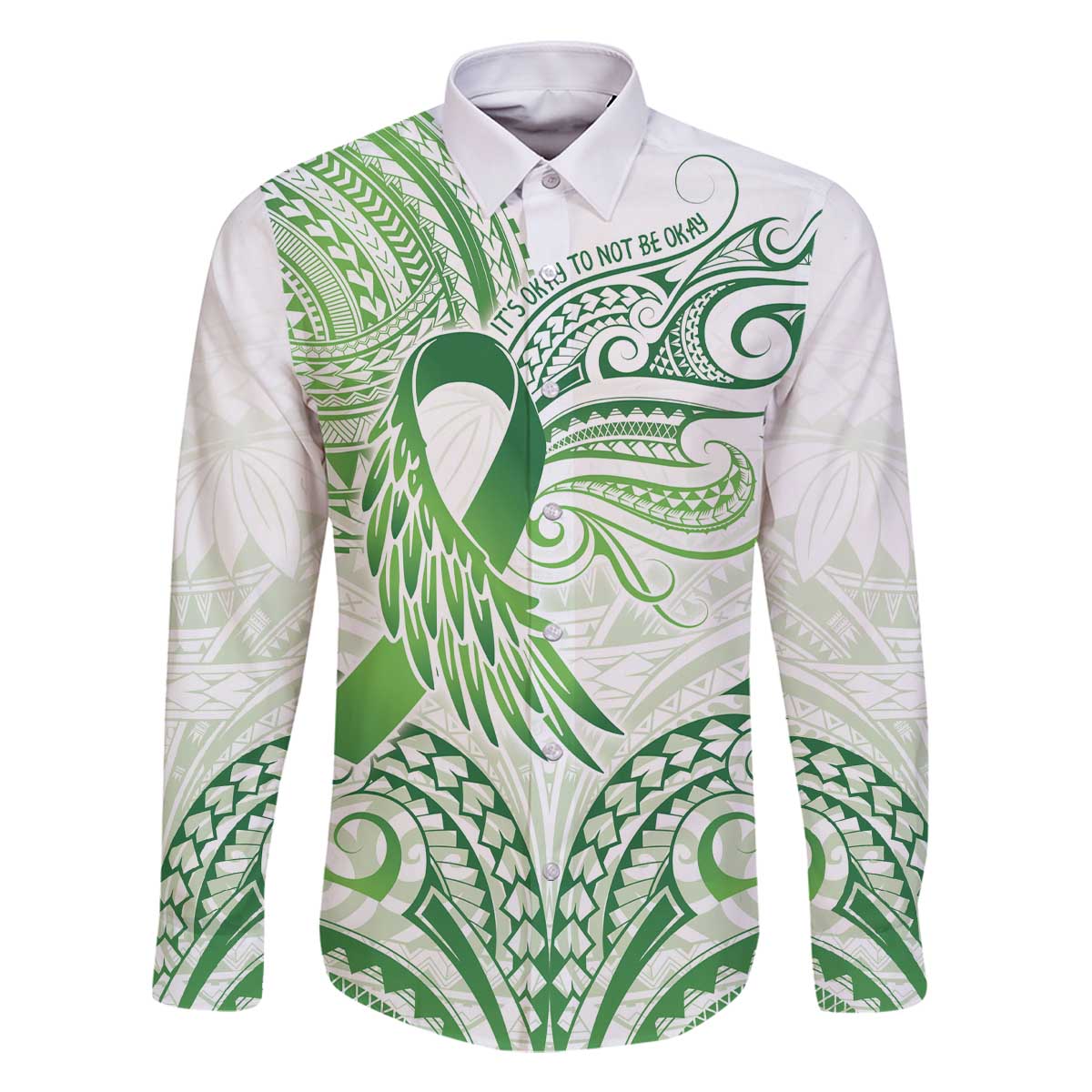 Its Okay Green Ribbon Personalised Family Matching Off Shoulder Short Dress and Hawaiian Shirt Polynesian Depression Awareness LT9 Dad's Shirt - Long Sleeve Green - Polynesian Pride