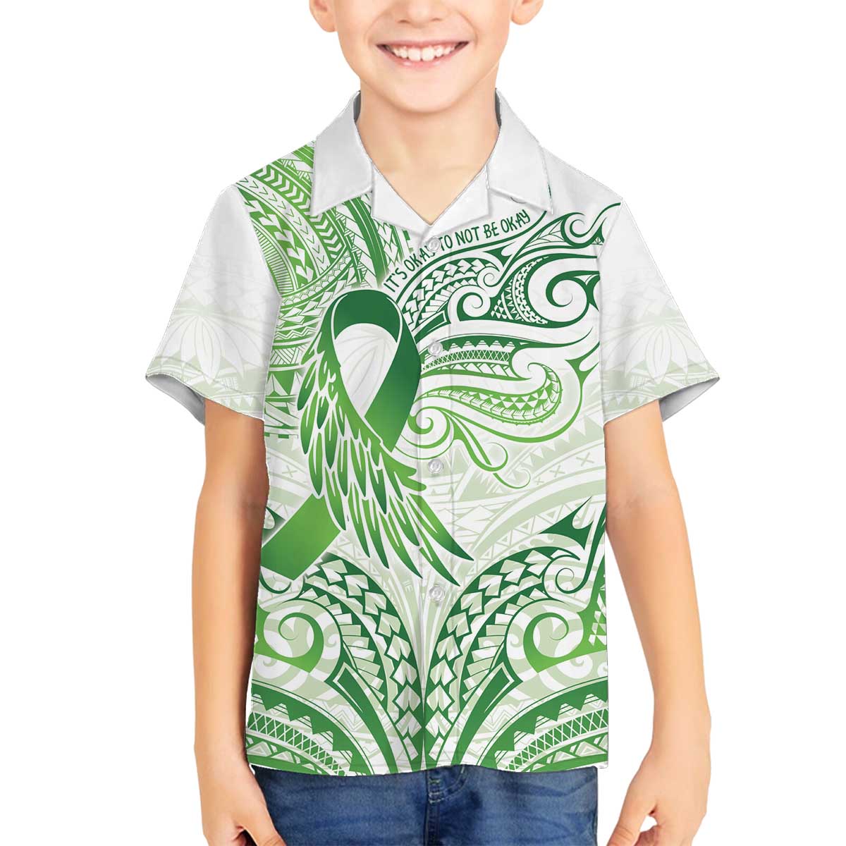 Its Okay Green Ribbon Personalised Family Matching Off Shoulder Short Dress and Hawaiian Shirt Polynesian Depression Awareness LT9 Son's Shirt Green - Polynesian Pride
