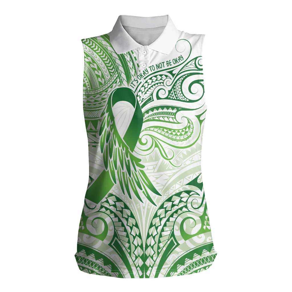 Its Okay Green Ribbon Personalised Women Sleeveless Polo Shirt Polynesian Depression Awareness