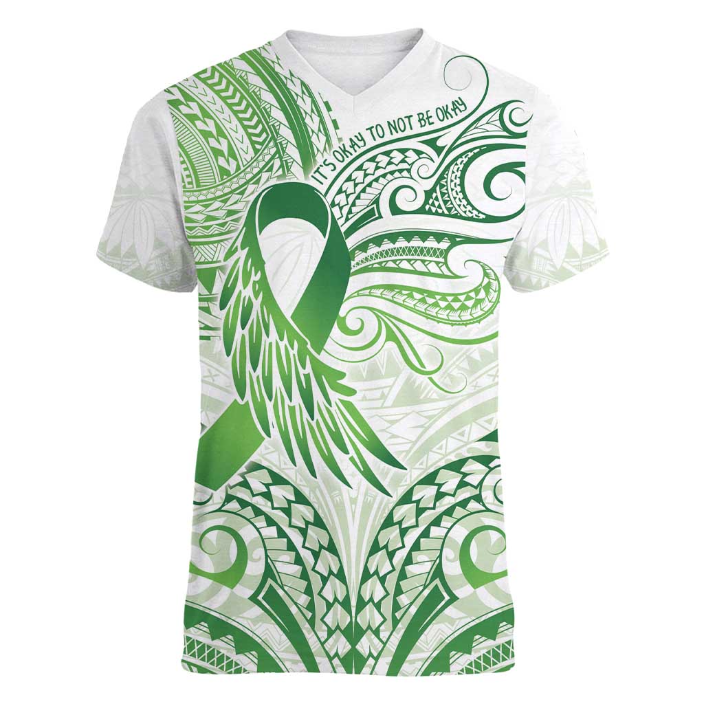 Its Okay Green Ribbon Personalised Women V-Neck T-Shirt Polynesian Depression Awareness