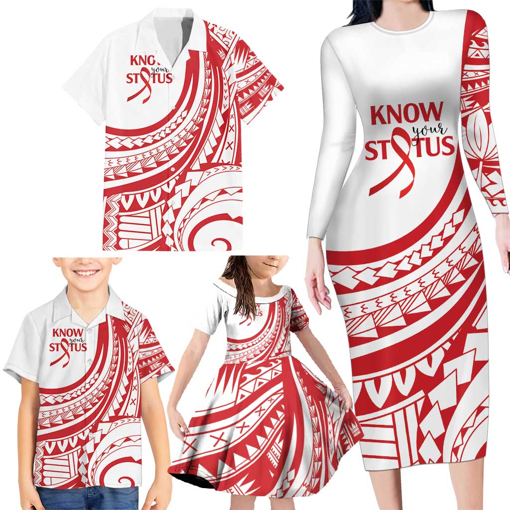Know Your Status Red Ribbon Personalised Family Matching Long Sleeve Bodycon Dress and Hawaiian Shirt Polynesian AIDS Awareness LT9 - Polynesian Pride