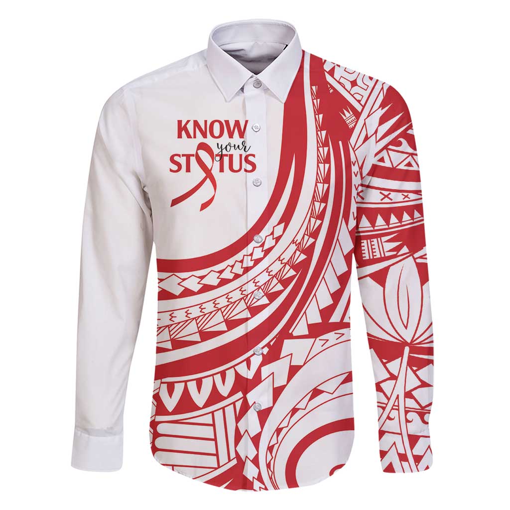 Know Your Status Red Ribbon Personalised Family Matching Long Sleeve Bodycon Dress and Hawaiian Shirt Polynesian AIDS Awareness LT9 Dad's Shirt - Long Sleeve Red - Polynesian Pride