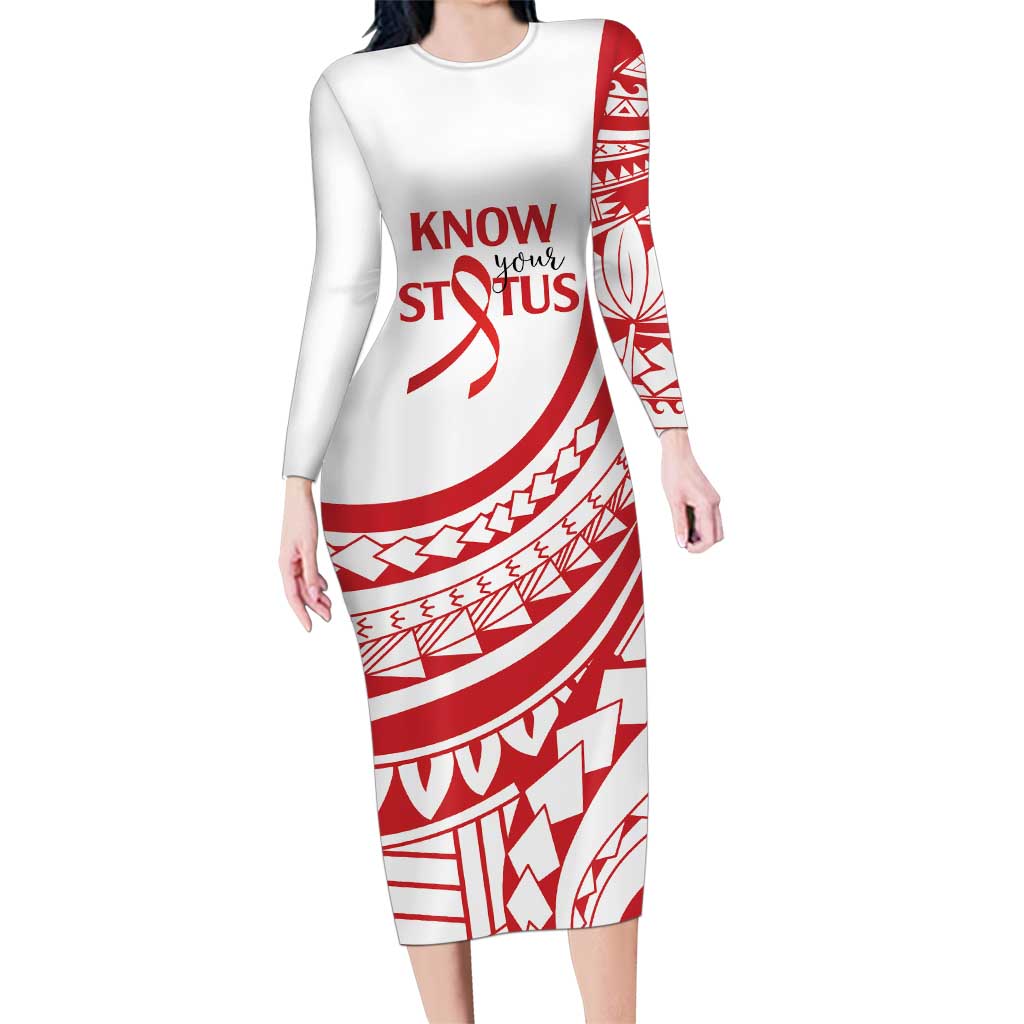 Know Your Status Red Ribbon Personalised Family Matching Long Sleeve Bodycon Dress and Hawaiian Shirt Polynesian AIDS Awareness LT9 Mom's Dress Red - Polynesian Pride