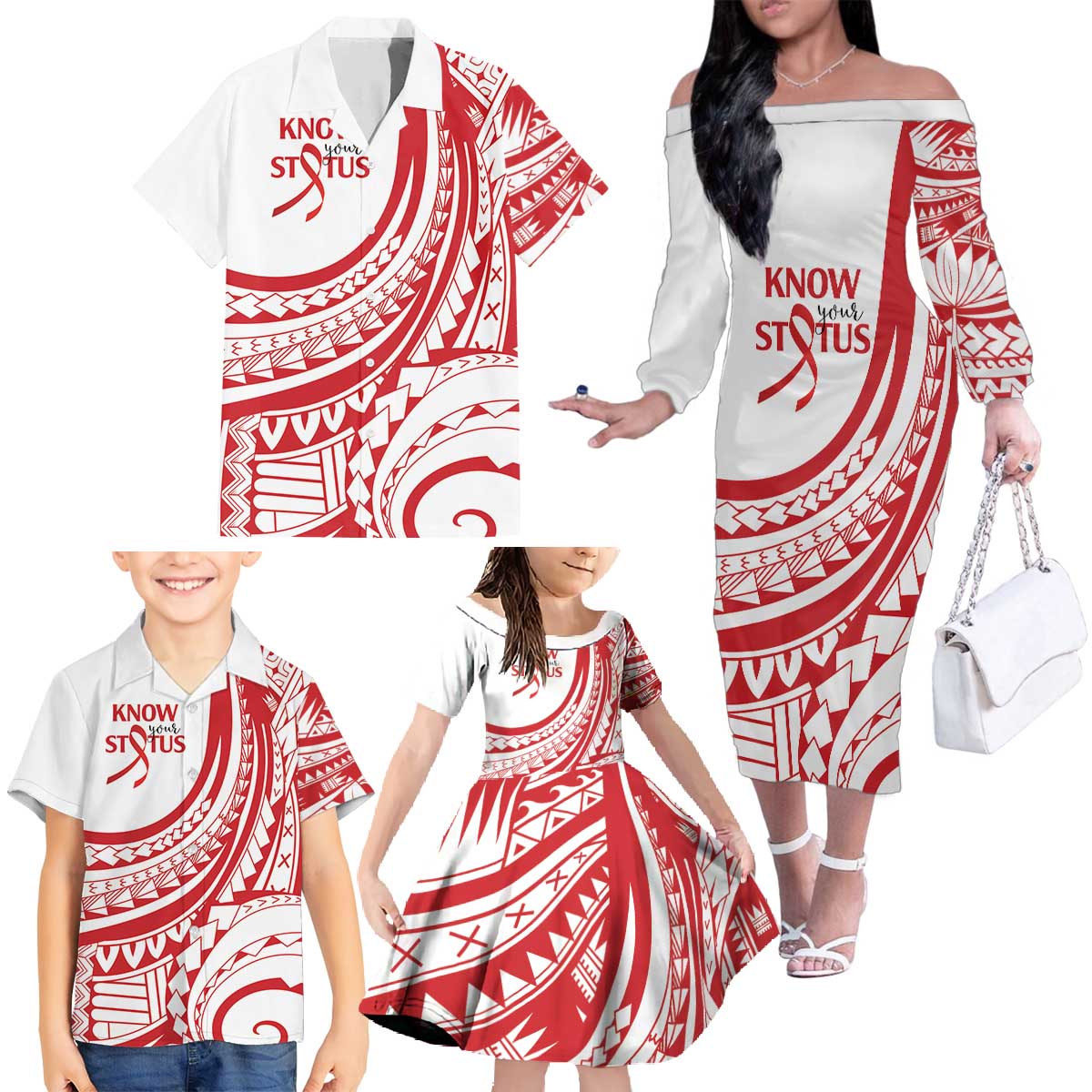 Know Your Status Red Ribbon Personalised Family Matching Off The Shoulder Long Sleeve Dress and Hawaiian Shirt Polynesian AIDS Awareness LT9 - Polynesian Pride