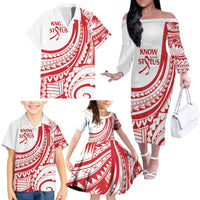 Know Your Status Red Ribbon Personalised Family Matching Off The Shoulder Long Sleeve Dress and Hawaiian Shirt Polynesian AIDS Awareness LT9 - Polynesian Pride