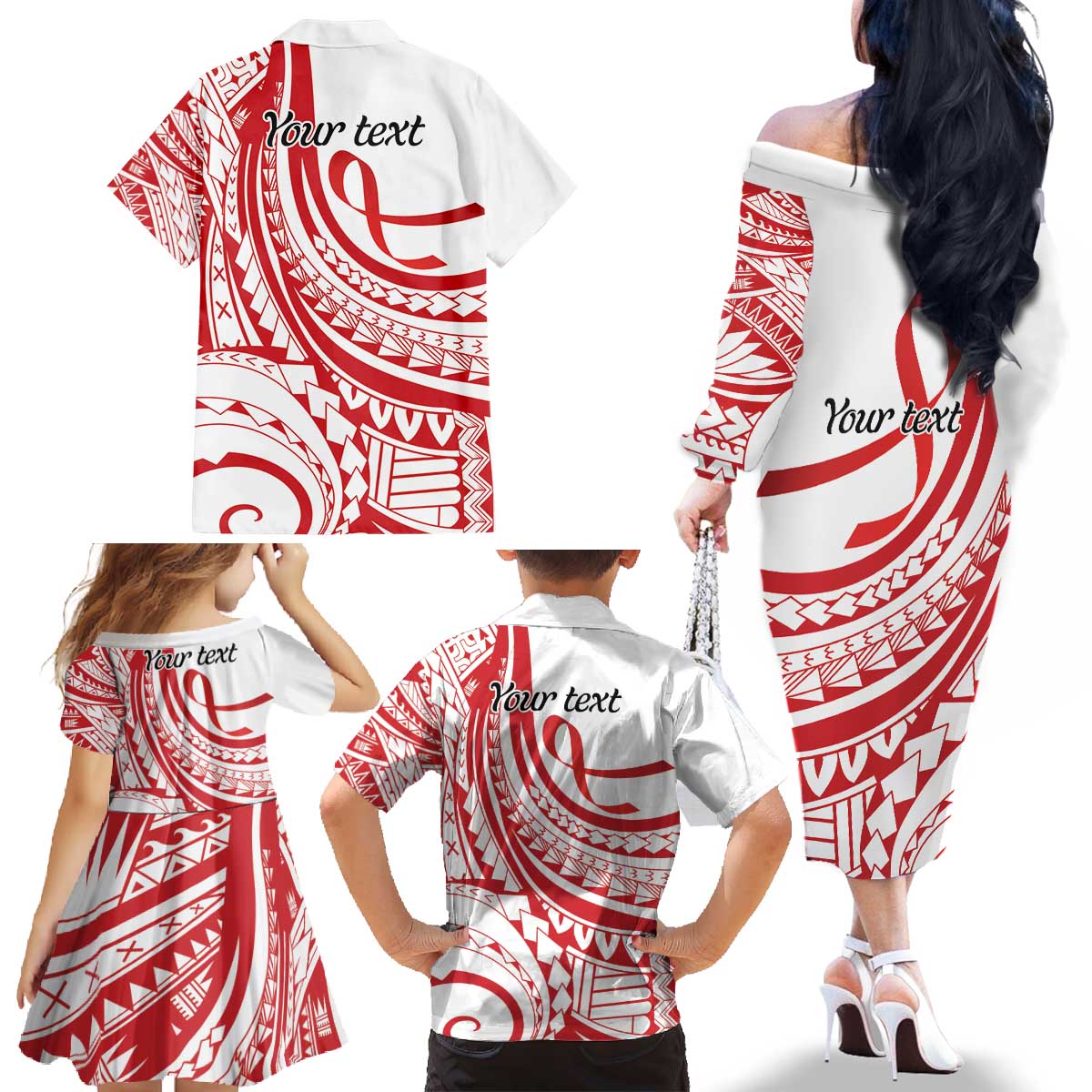Know Your Status Red Ribbon Personalised Family Matching Off The Shoulder Long Sleeve Dress and Hawaiian Shirt Polynesian AIDS Awareness LT9 - Polynesian Pride