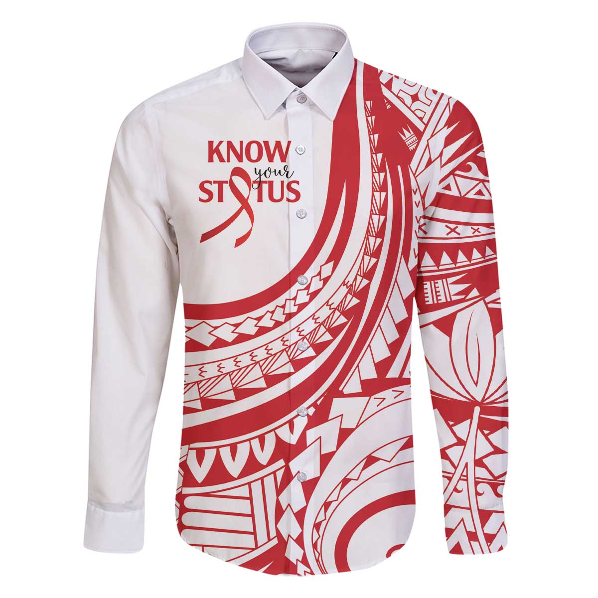 Know Your Status Red Ribbon Personalised Family Matching Off The Shoulder Long Sleeve Dress and Hawaiian Shirt Polynesian AIDS Awareness LT9 Dad's Shirt - Long Sleeve Red - Polynesian Pride