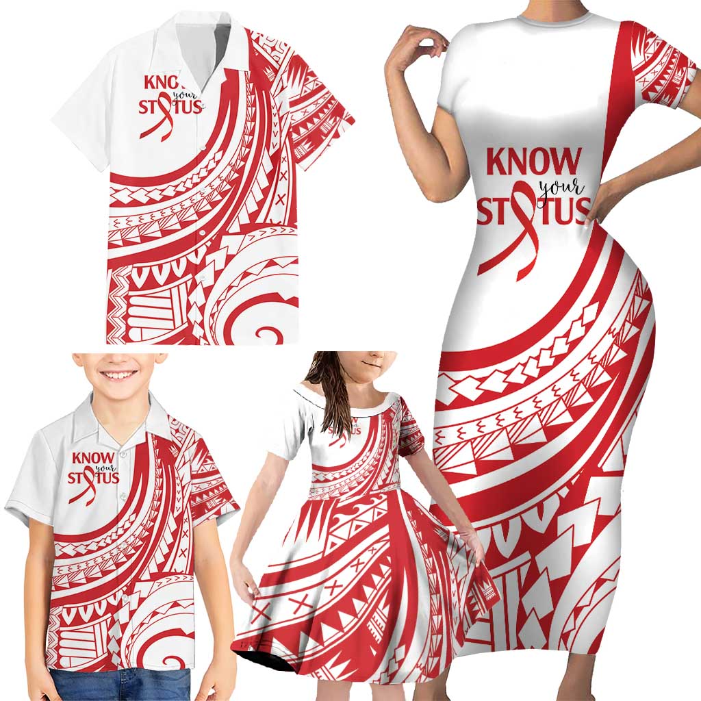 Know Your Status Red Ribbon Personalised Family Matching Short Sleeve Bodycon Dress and Hawaiian Shirt Polynesian AIDS Awareness LT9 - Polynesian Pride