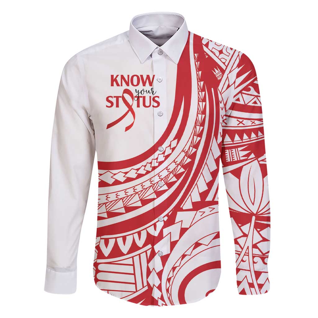 Know Your Status Red Ribbon Personalised Family Matching Short Sleeve Bodycon Dress and Hawaiian Shirt Polynesian AIDS Awareness LT9 Dad's Shirt - Long Sleeve Red - Polynesian Pride