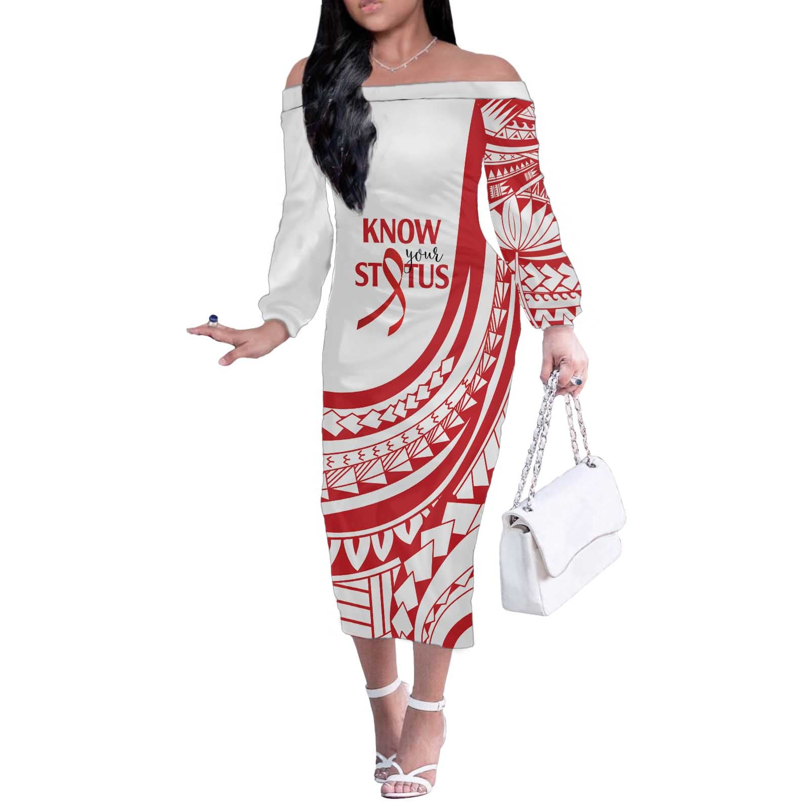 Know Your Status Red Ribbon Personalised Off The Shoulder Long Sleeve Dress Polynesian AIDS Awareness LT9 Women Red - Polynesian Pride