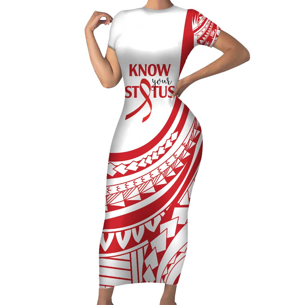 Know Your Status Red Ribbon Personalised Short Sleeve Bodycon Dress Polynesian AIDS Awareness LT9 Long Dress Red - Polynesian Pride