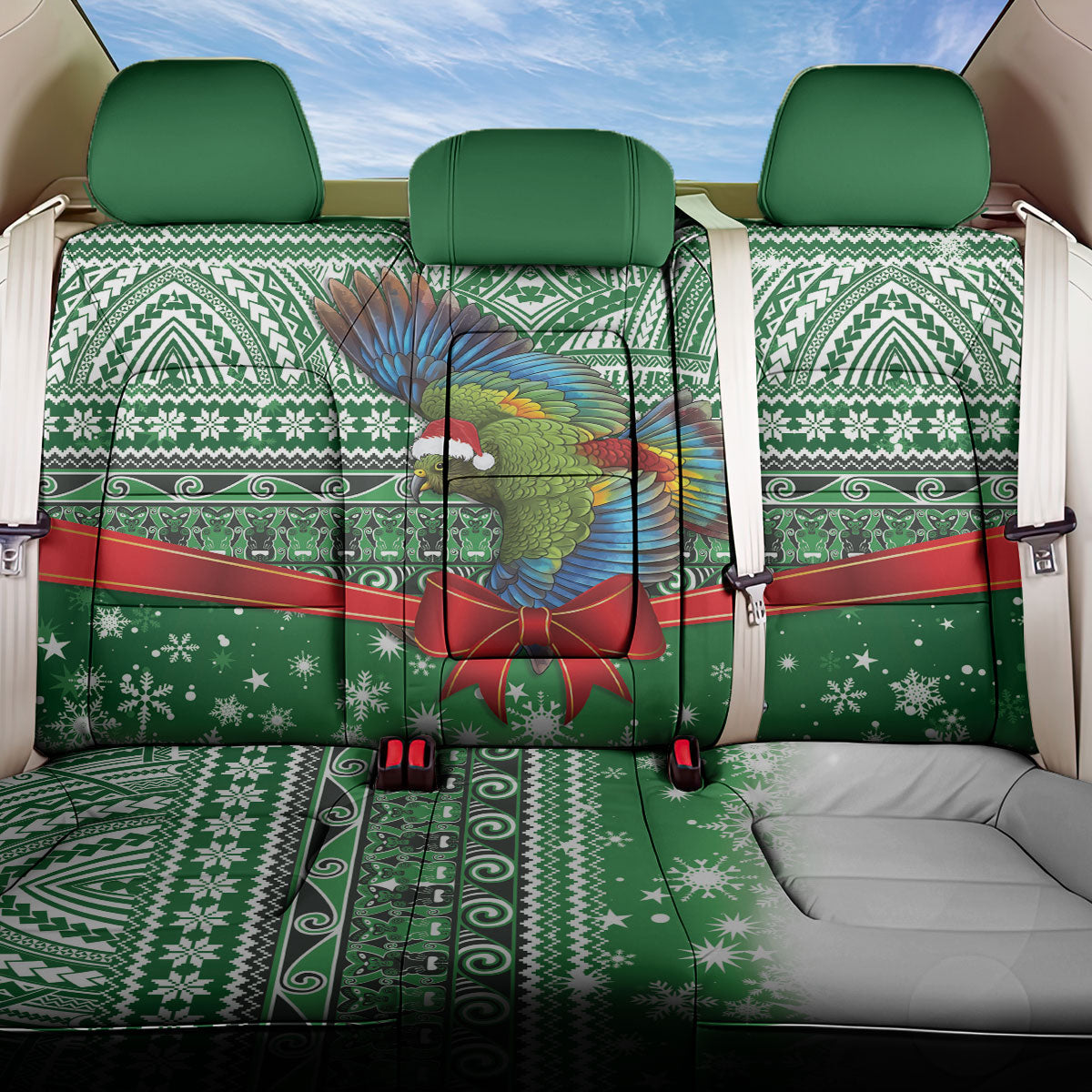 New Zealand Kea Bird Christmas Back Car Seat Cover Maori Inspired Knitted Patterns LT9 One Size Green - Polynesian Pride