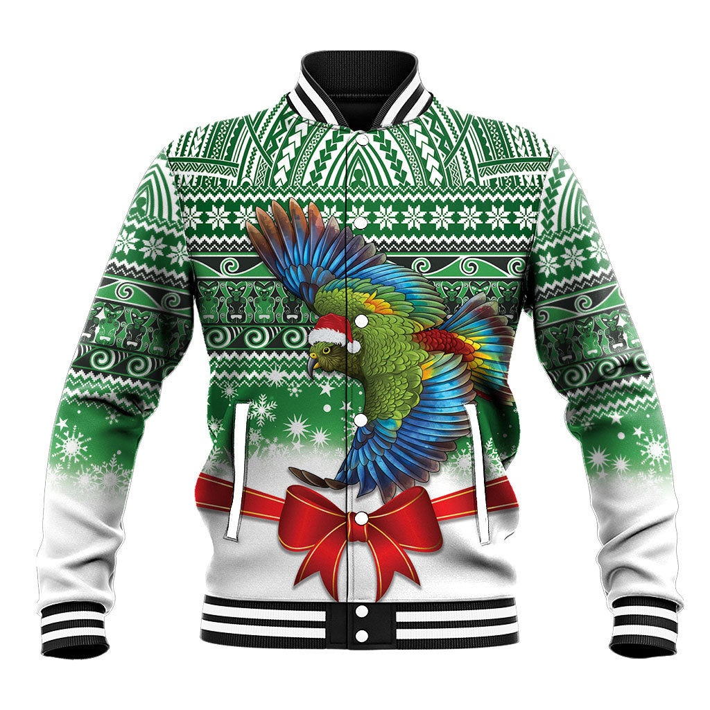 New Zealand Kea Bird Christmas Baseball Jacket Maori Inspired Knitted Patterns LT9 Unisex Green - Polynesian Pride