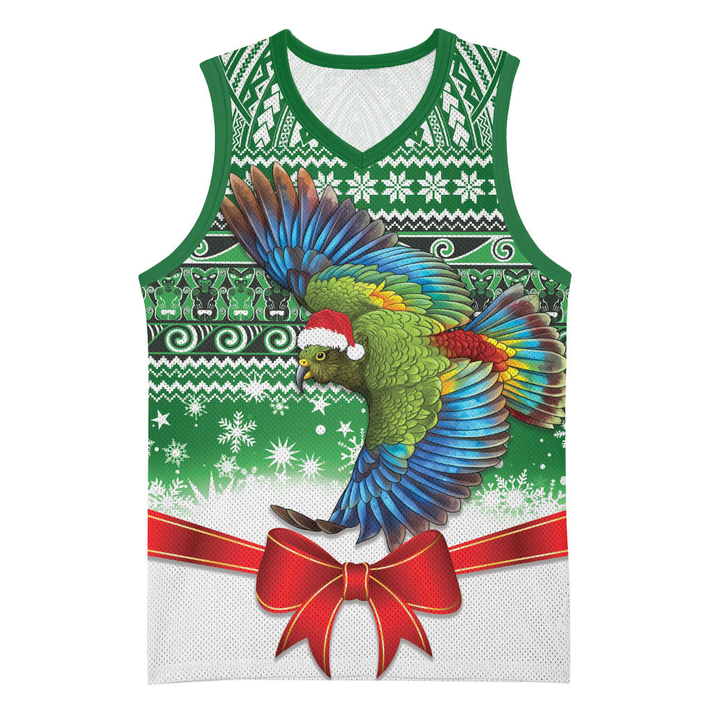 New Zealand Kea Bird Christmas Basketball Jersey Maori Inspired Knitted Patterns LT9 Unisex Green - Polynesian Pride