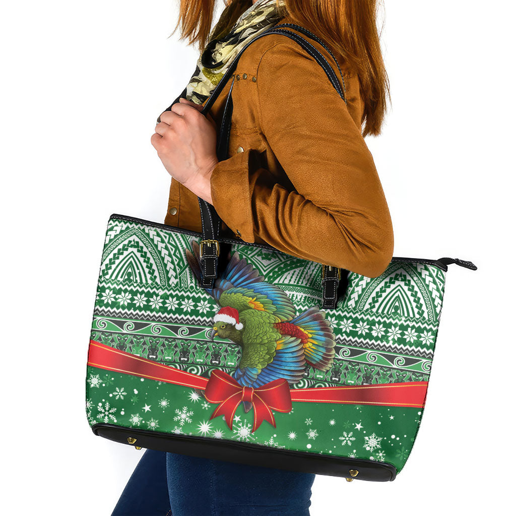 New Zealand Kea Bird Christmas Leather Tote Bag Maori Inspired Knitted Patterns LT9 Green - Polynesian Pride