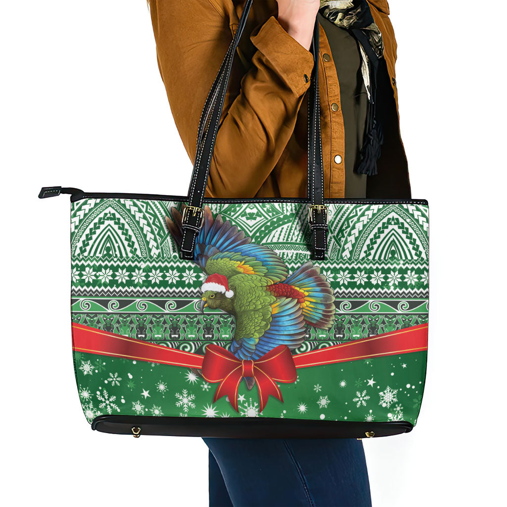 New Zealand Kea Bird Christmas Leather Tote Bag Maori Inspired Knitted Patterns LT9 - Polynesian Pride