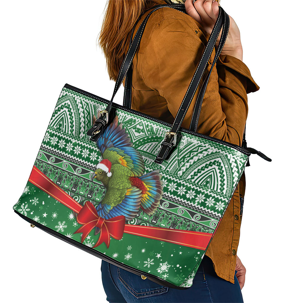 New Zealand Kea Bird Christmas Leather Tote Bag Maori Inspired Knitted Patterns LT9 - Polynesian Pride