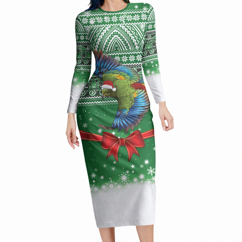 New Zealand Kea Bird Christmas Long Sleeve Bodycon Dress Maori Inspired Knitted Patterns LT9 Long Dress Green - Polynesian Pride