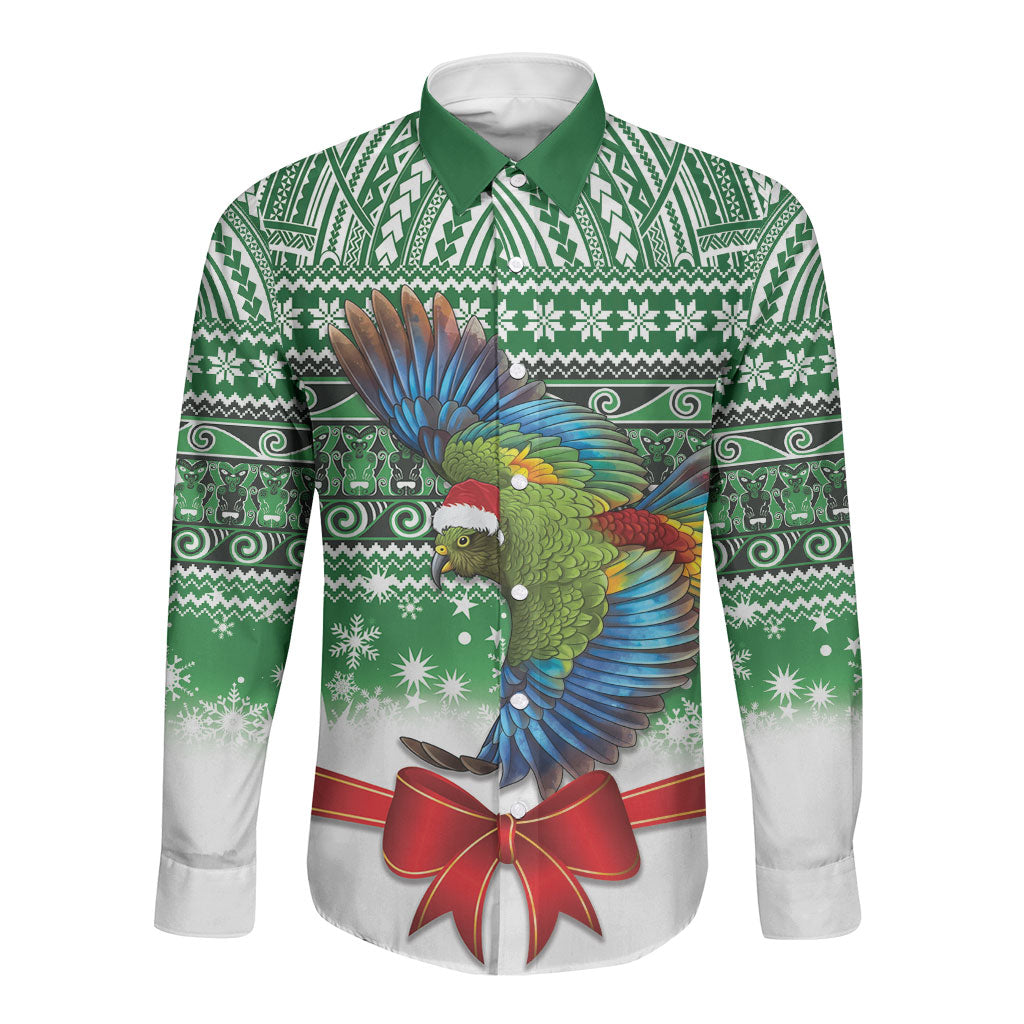 New Zealand Kea Bird Christmas Long Sleeve Button Shirt Maori Inspired Knitted Patterns LT9 Unisex Green - Polynesian Pride