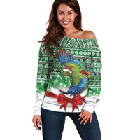 New Zealand Kea Bird Christmas Off Shoulder Sweater Maori Inspired Knitted Patterns LT9 Women Green - Polynesian Pride