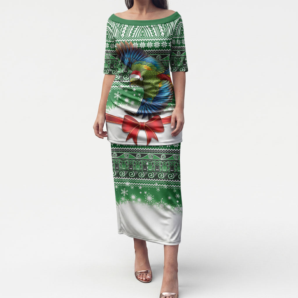 New Zealand Kea Bird Christmas Puletasi Maori Inspired Knitted Patterns LT9 Long Dress Green - Polynesian Pride