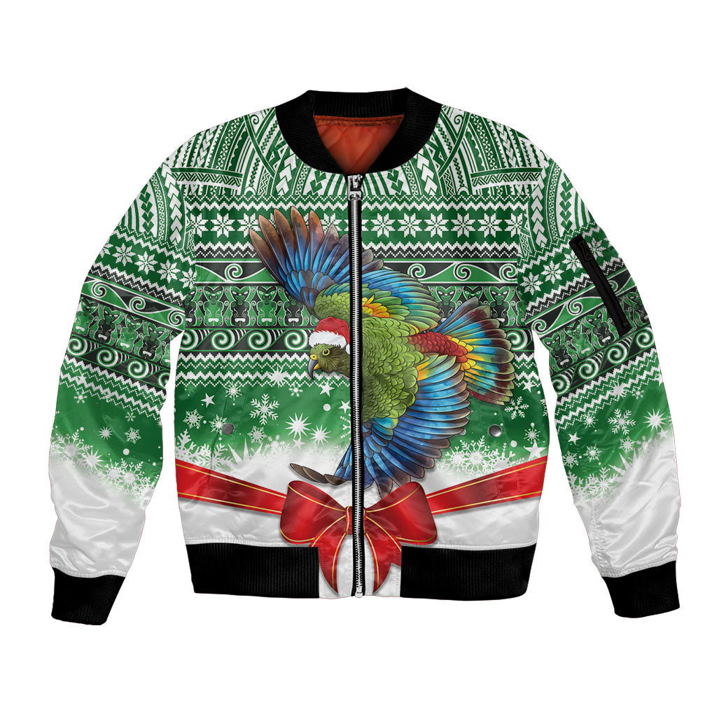 New Zealand Kea Bird Christmas Sleeve Zip Bomber Jacket Maori Inspired Knitted Patterns LT9 Unisex Green - Polynesian Pride