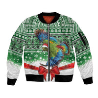 New Zealand Kea Bird Christmas Sleeve Zip Bomber Jacket Maori Inspired Knitted Patterns LT9 Unisex Green - Polynesian Pride
