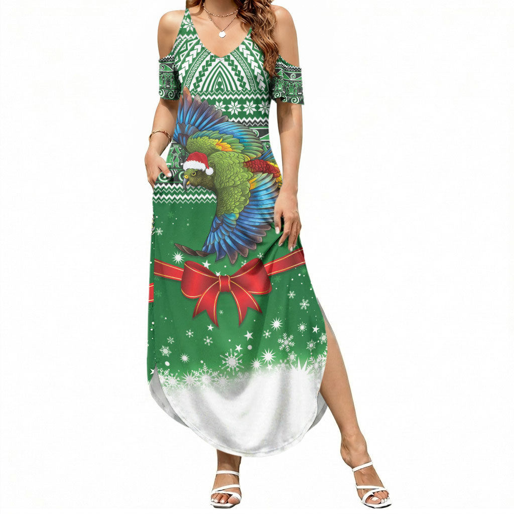 New Zealand Kea Bird Christmas Summer Maxi Dress Maori Inspired Knitted Patterns LT9 Women Green - Polynesian Pride