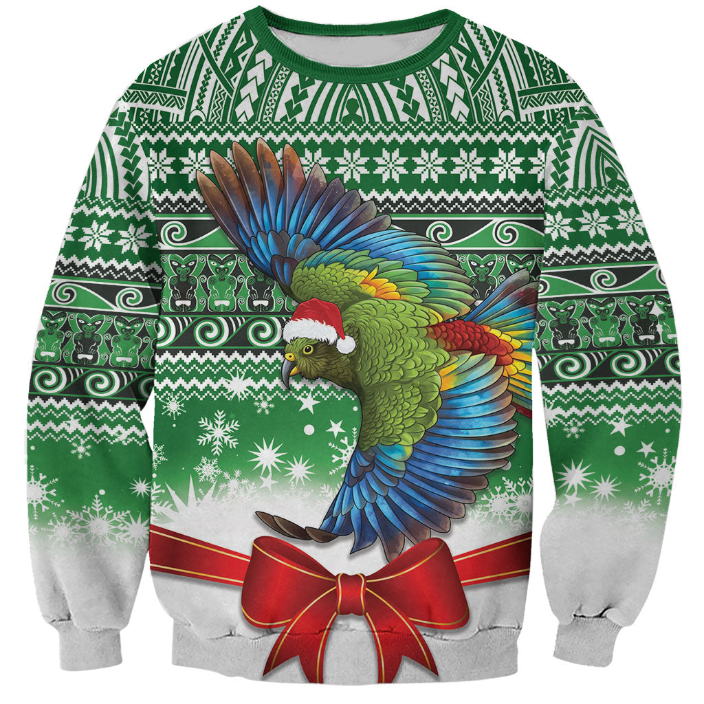 New Zealand Kea Bird Christmas Sweatshirt Maori Inspired Knitted Patterns LT9 Unisex Green - Polynesian Pride