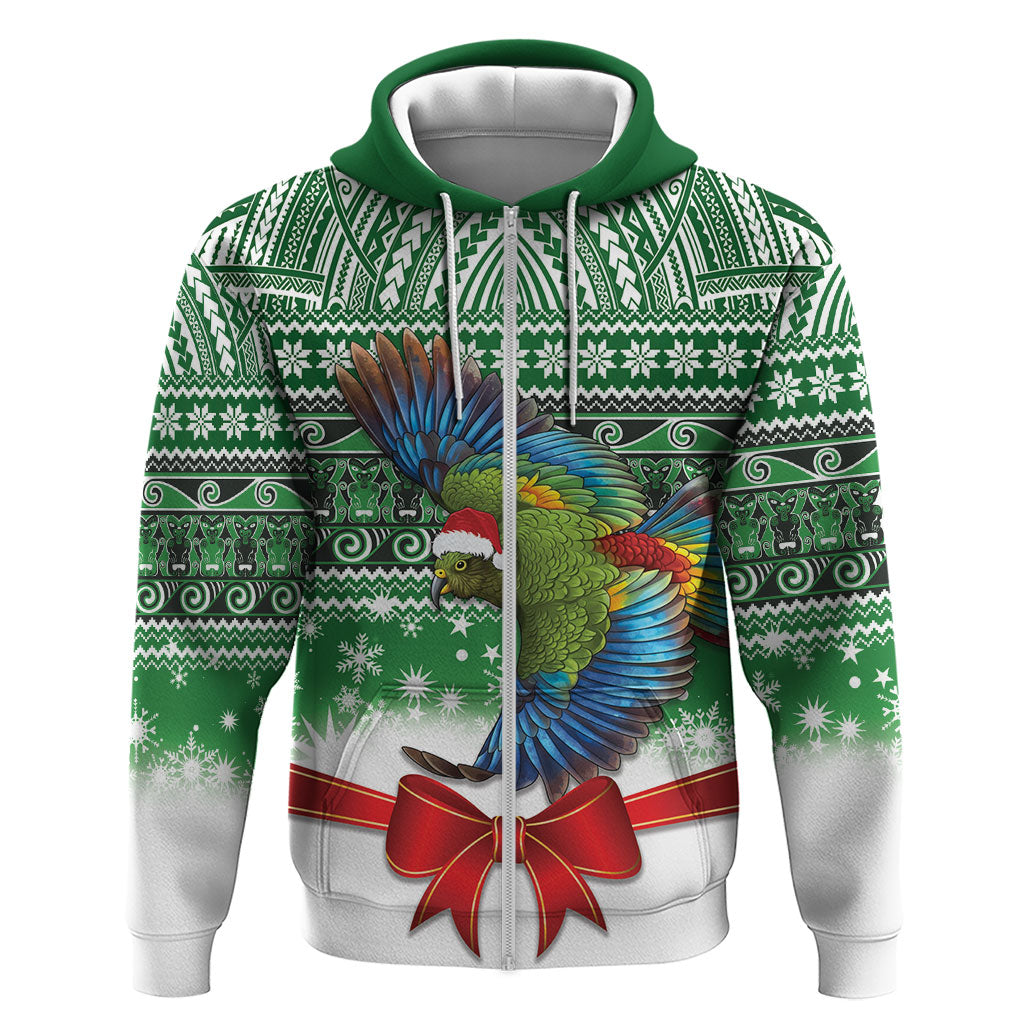New Zealand Kea Bird Christmas Zip Hoodie Maori Inspired Knitted Patterns LT9 Zip Hoodie Green - Polynesian Pride
