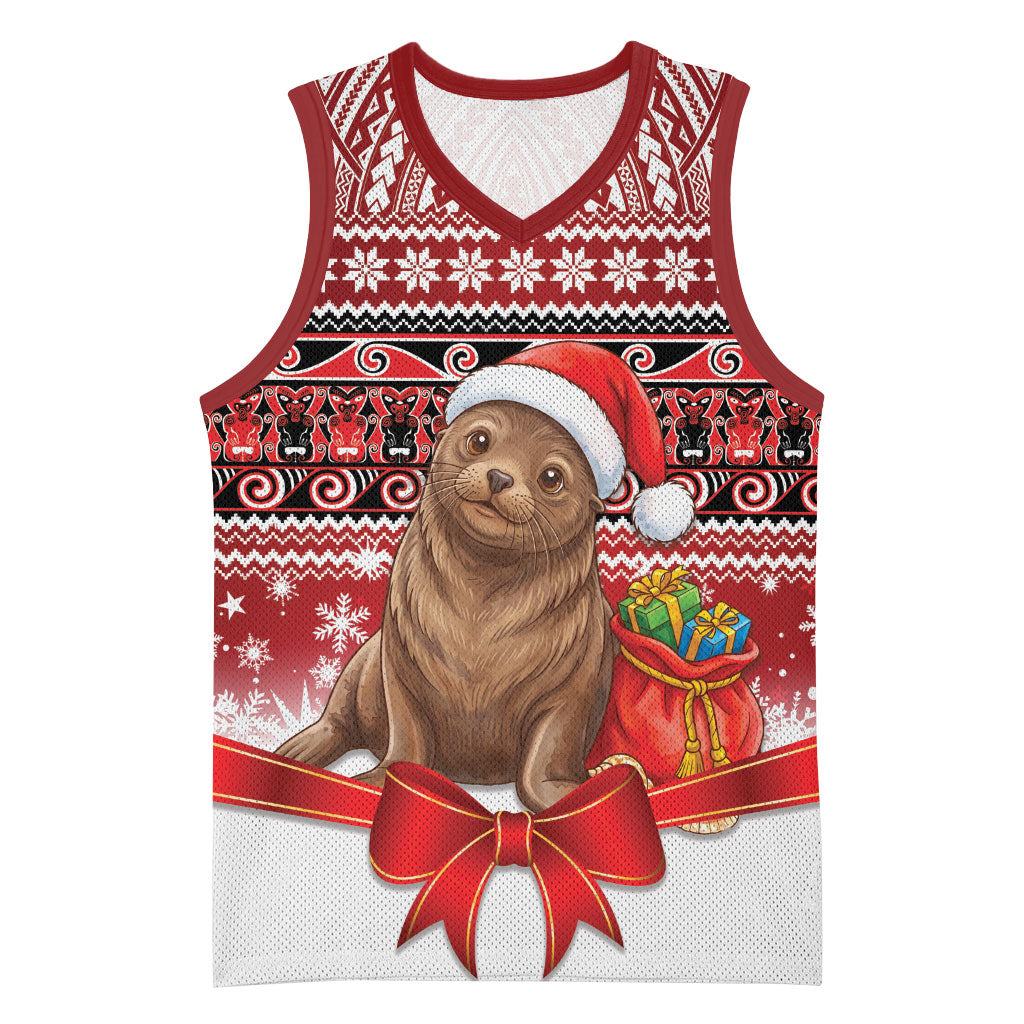 New Zealand Kekeno Seal Christmas Basketball Jersey Maori Inspired Knitted Patterns LT9 Unisex Red - Polynesian Pride