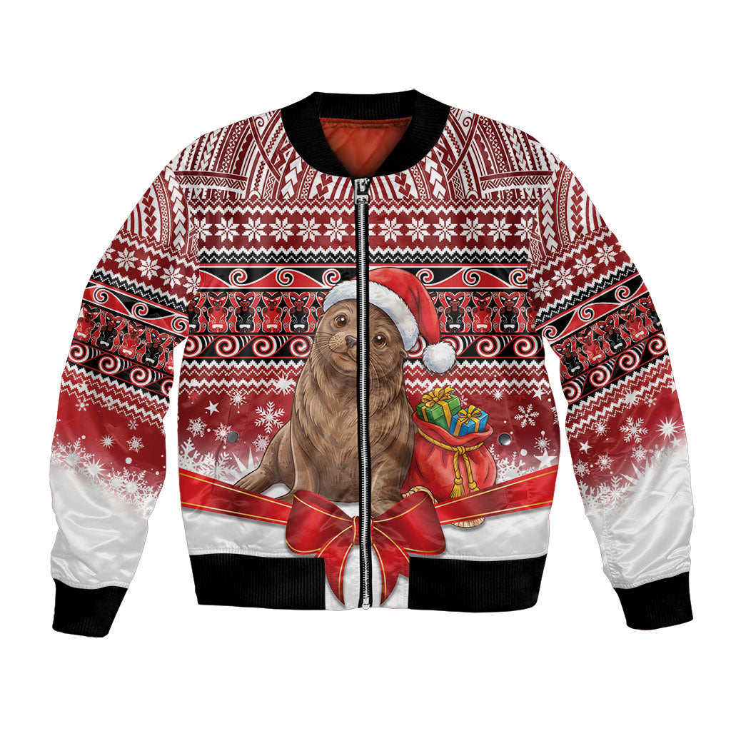 New Zealand Kekeno Seal Christmas Bomber Jacket Maori Inspired Knitted Patterns LT9 Unisex Red - Polynesian Pride